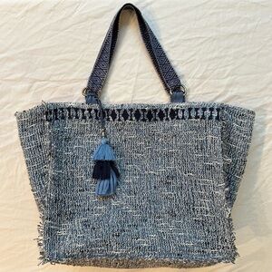 Ramy Brook Textured Tote Bag Distressed Woven Fringe Tassel blue white EUC